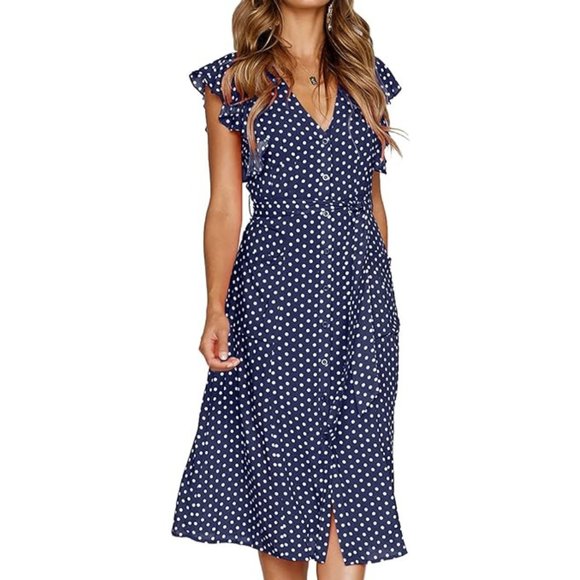 MITILLY Dresses & Skirts - NWOT Women's Polka Dot Flutter Short Sleeve Button Down Swing Dress Size L